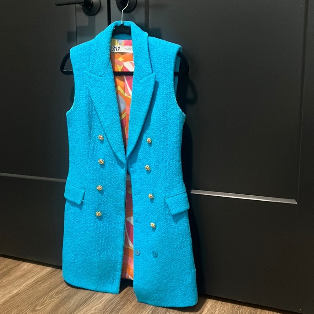 Zara dress/long tweed vest in turquoise color
